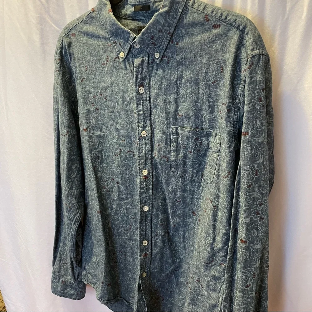 J Crew Men's Slim Fit Blue Floral Paisley Button Down Cotton Dress Shirt Size XL